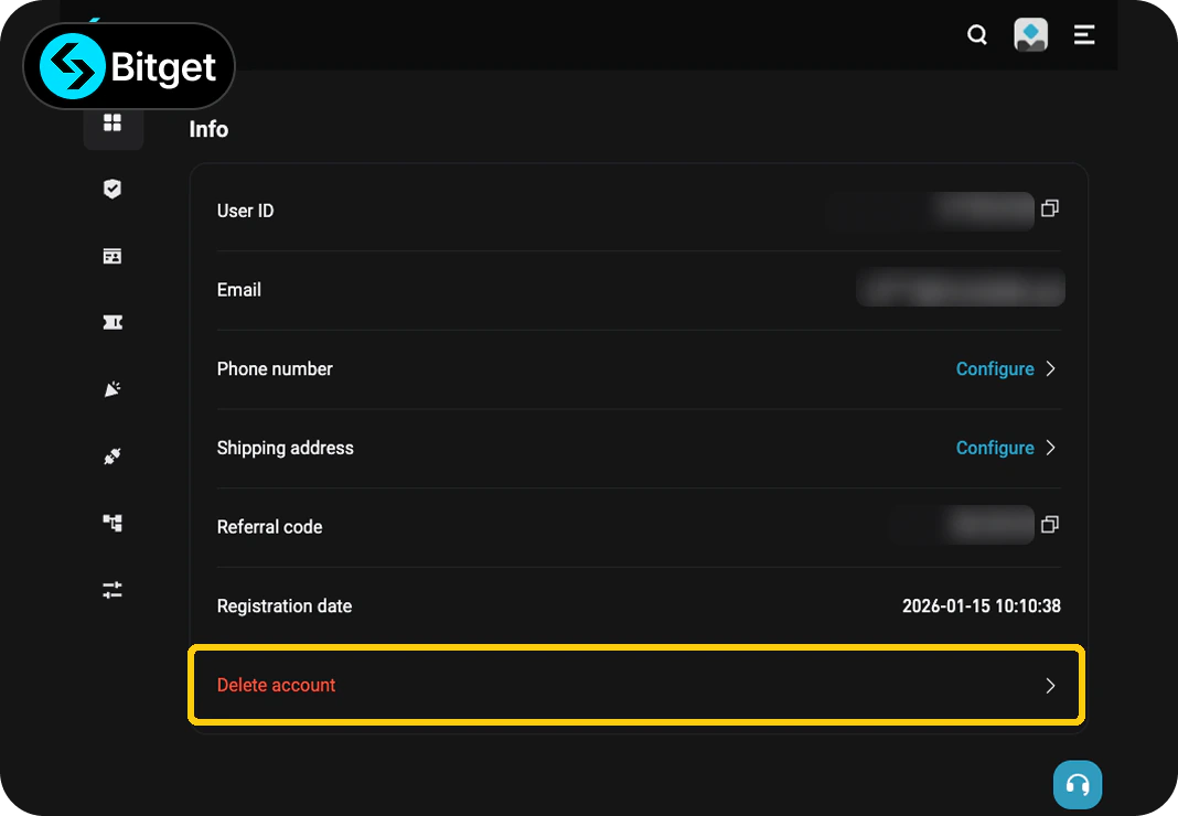 비트겟 KYC 변경방법 PC 3단계 - Delete account 선택