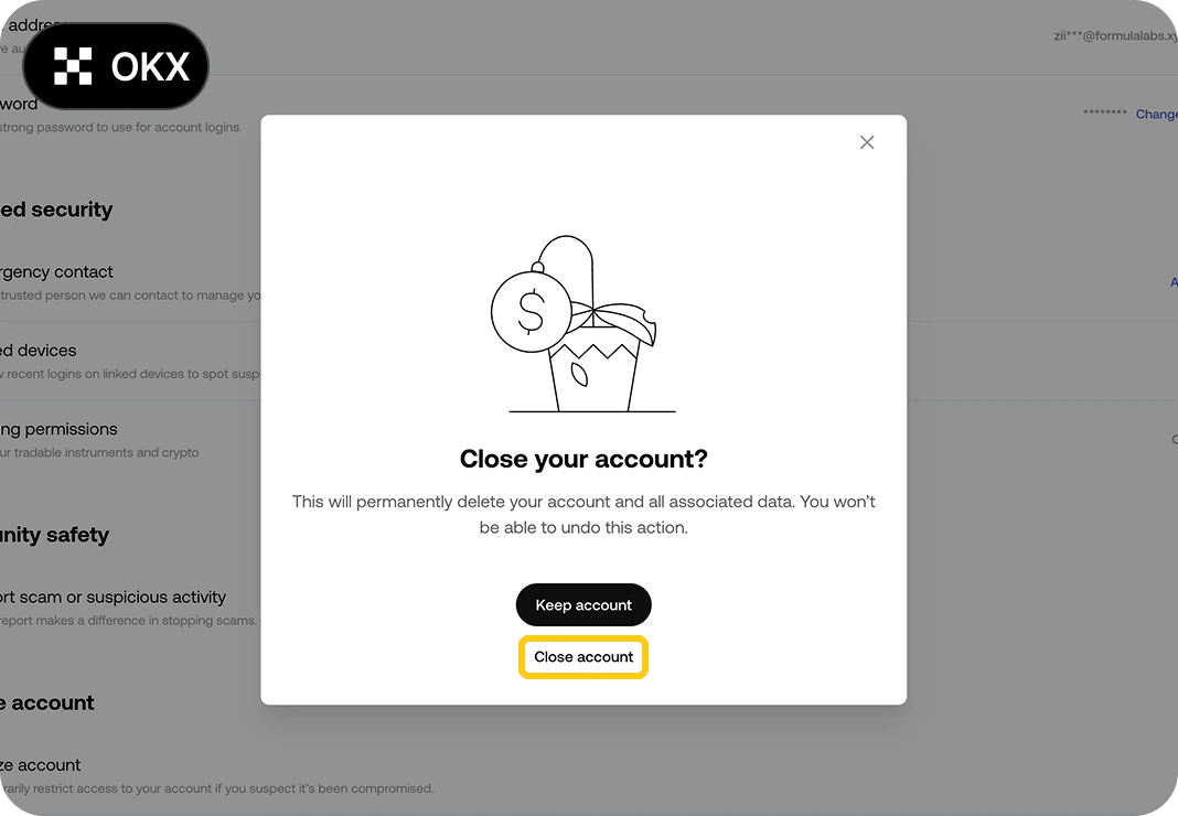 OKX KYC 변경방법 PC 4단계 - 계정 삭제 확인