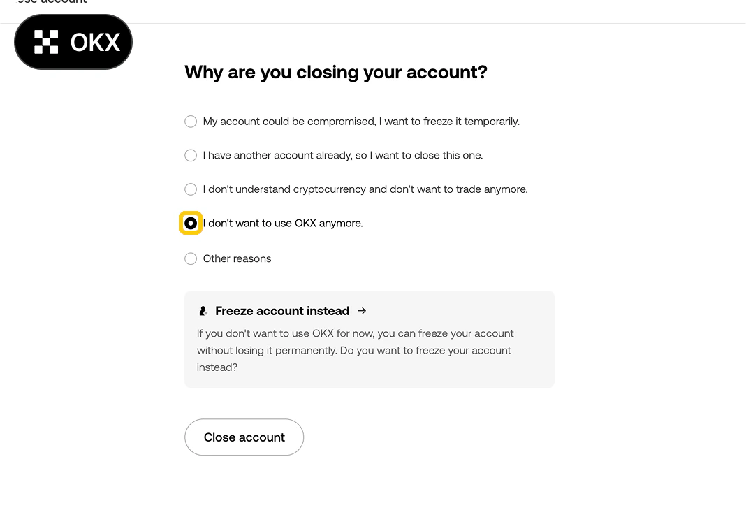 OKX KYC 변경방법 PC 5단계 - 계정 삭제 사유 선택