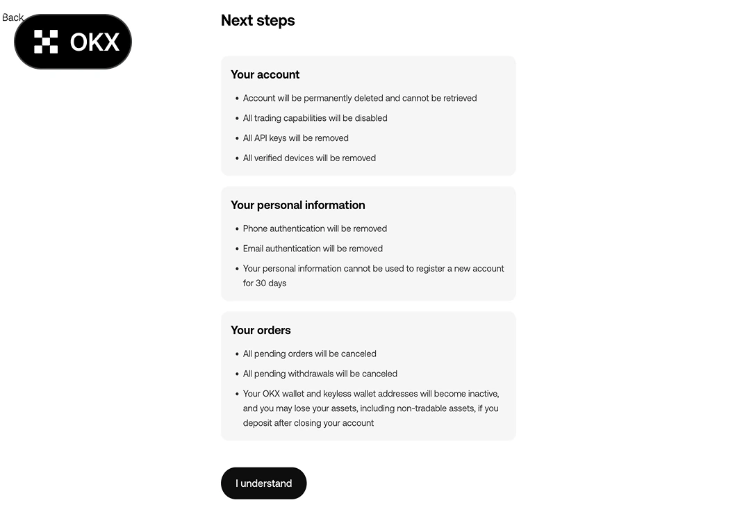 OKX KYC 변경방법 PC 6단계 - 계정 삭제 유의사항 확인