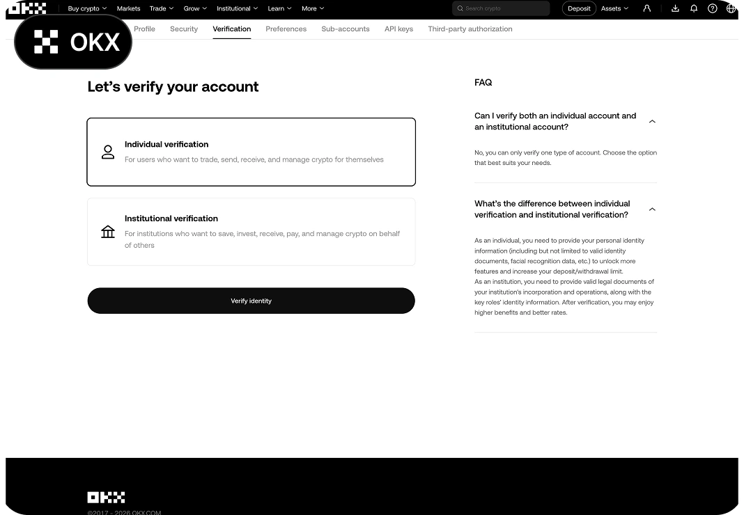 OKX KYC 인증방법 PC 2단계 - 개인 사용자 선택